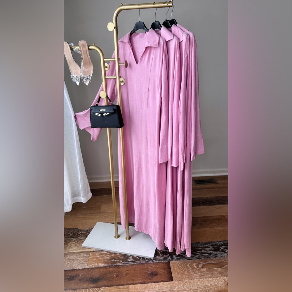 Pink linen and viscose Long Sleeve Maxi Dress